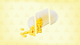 Light yellow background with half-tone texture and warning sign pattern. In the center is a clear prescription bottle spilled over with yellow pills cut into three parts.
GoodRx Health

