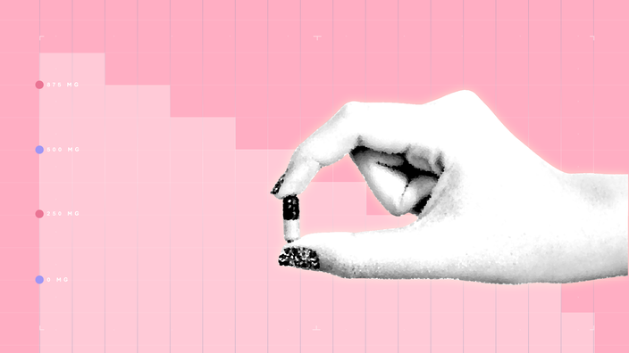 Light pink background with graph paper texture and representational step graph. In the center is a black and white cutout of a hand holding a capsule pill. 