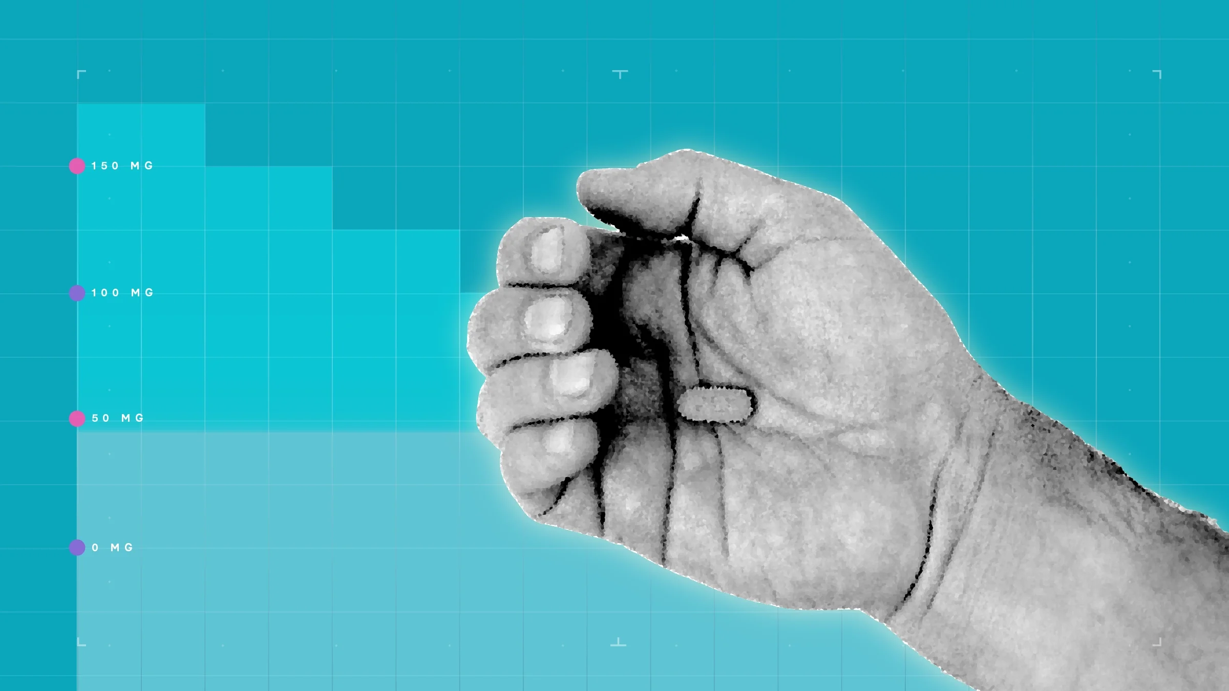 Teal background with graph paper texture and representational step graph. In the center is a black and white cutout of a hand holding a pill.