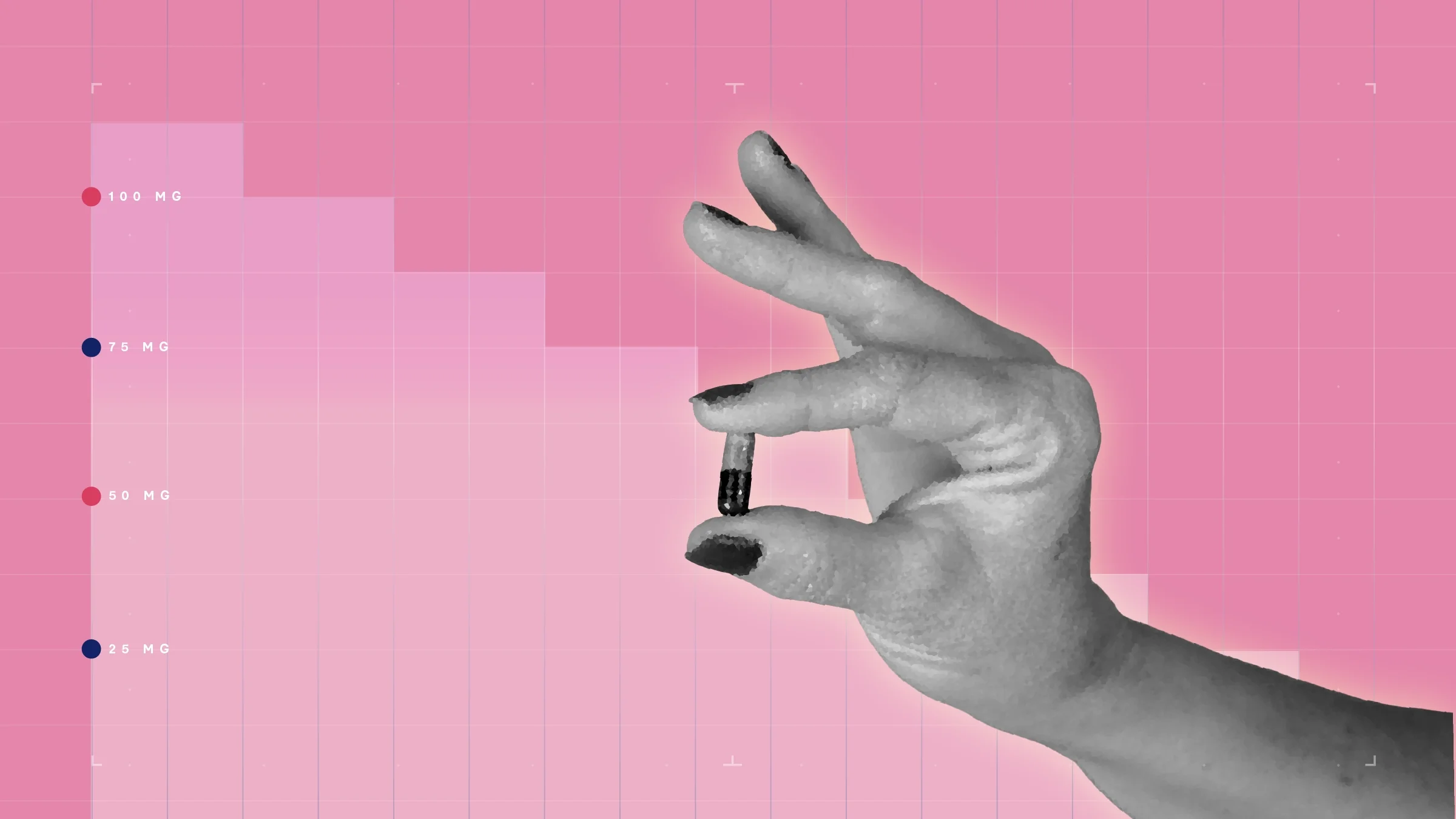 In the center of a light pink background with graph paper texture and representational step graph, is a black and white cutout of a hand holding a capsule pill in between two fingers. 
