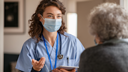 Medical professional speaks to a senior woman who is wearing a surgical mask.
Ridofranz/iStock via Getty Images Plus