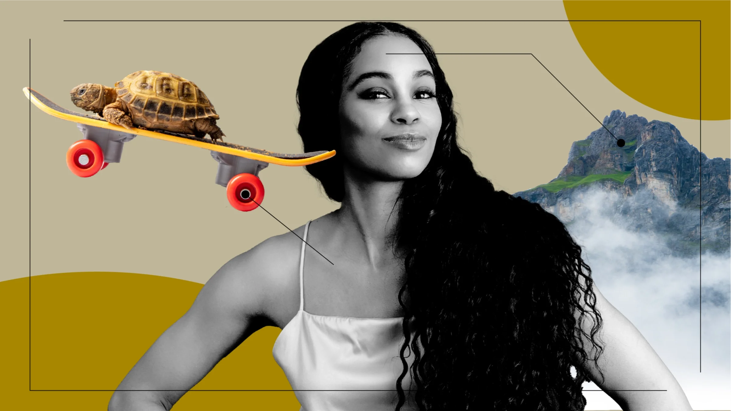 Custom graphic showing what it feels like to take Effexor. In the center is a black-and-white photo of a woman with a soft smile. On the left is a turtle riding a skateboard. On the right is a mountain surrounded by fog. 