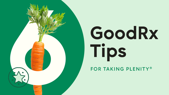 Light green background with dark green half circle on the left side. The text reads: “6 GoodRx Tips for Taking Plenity.” Intertwined in the number six is a leafy-topped carrot. 
