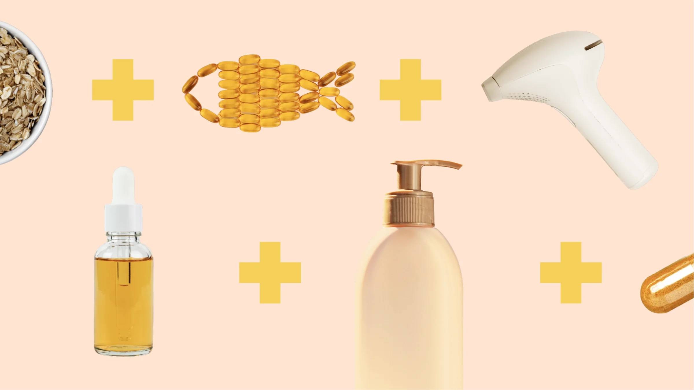 Custom graphic showing items that Ann Chacon has in her medicine cabinet for psoriasis. Top row from left to right: an oatmeal bath soak, fish oil pills, and a light therapy gun. Bottom row from left to right: vitamin C oil, a moisturizer bottle, and a turmeric pill.