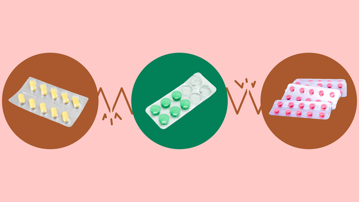 The image depicts a light red background with three circles across the frame. In the center, on a green circle, is a blister pack of round green pills. On the left, on a red circle, is a blister pack of oblong yellow pills. On the right, on a red circle, is a pile of blister packs of round pink pills.