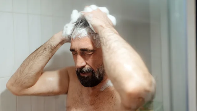 Hair-loss: man shampooing in shower 1396344635