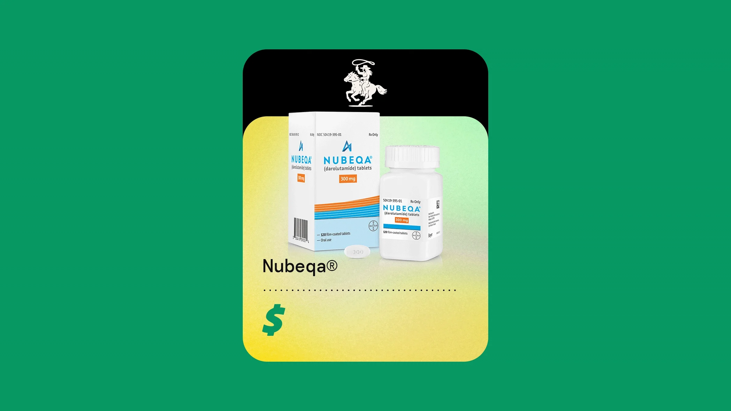 Nubeqa medication on a green and yellow background.