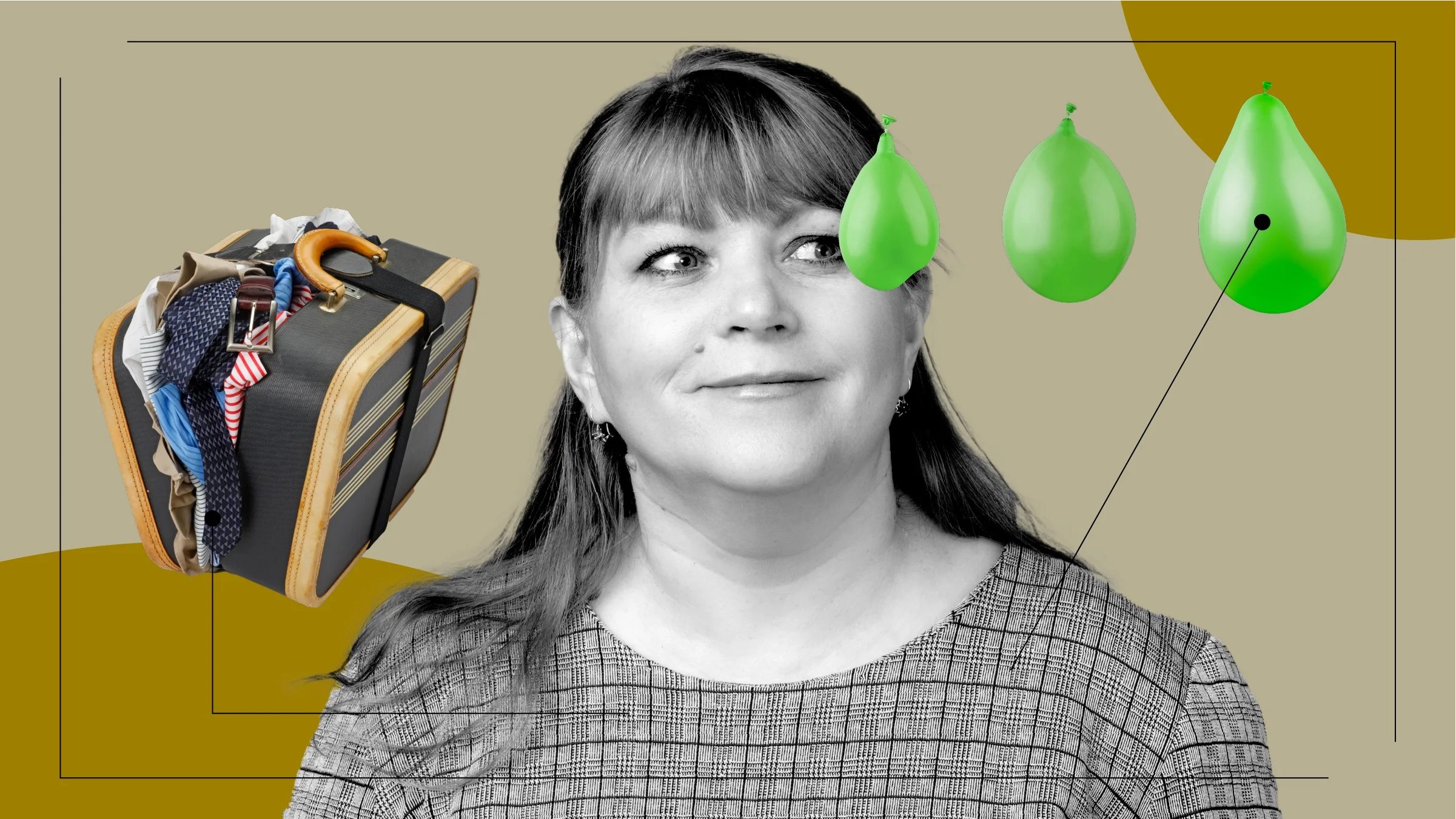 A graphic about taking Contrave includes a photo of a woman, a suitcase full of clothes, and shrinking water balloons.