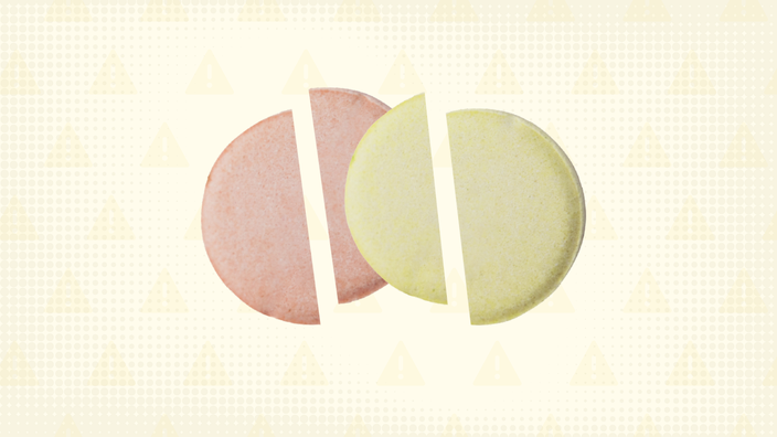 Light yellow background with halftone texture and warning sign pattern. In the center are two pastel colored pills overlapping cut into thirds. 