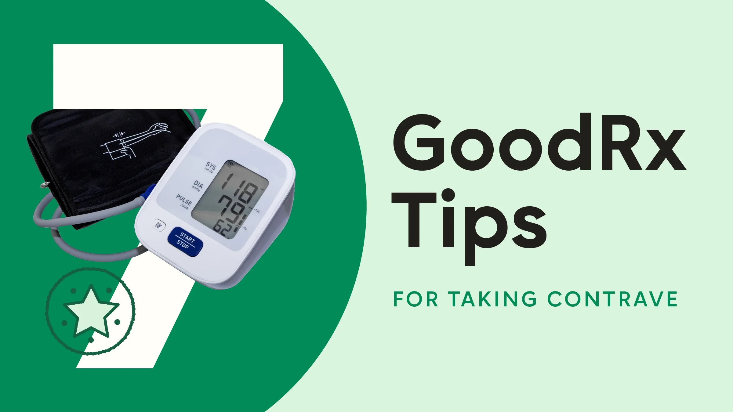 A custom graphic reads: “7 GoodRx Tips for Taking Contrave.” Intertwined with the number seven is a blood pressure cuff. 