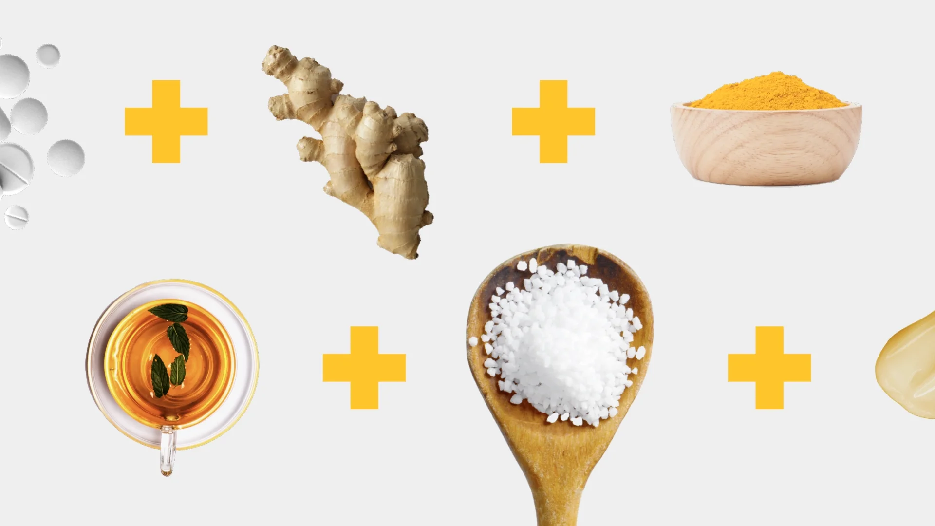 Cutout objects on a gray background, including: various white pills, ginger root, bowl of turmeric powder, cup of mint tea, wooden spoon with epsom salts, and shea butter cream smear. In between the objects are graphic yellow plus signs.