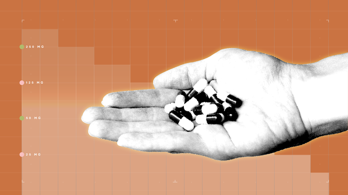 Orange background with graph paper texture and representational step graph. In the center is a black-and-white cutout of a hand holding a handful of capsule pills.