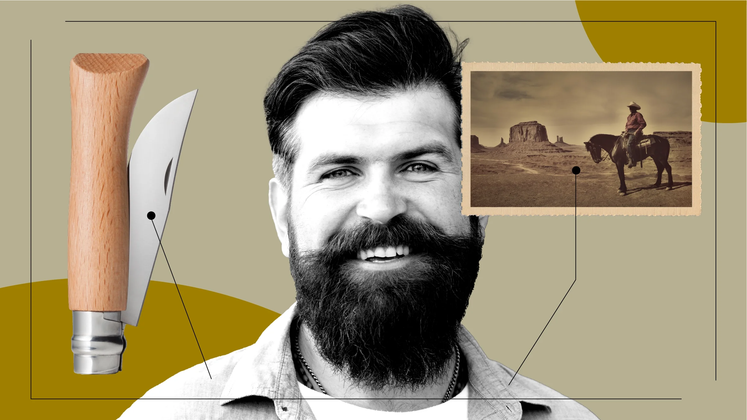 Tan background with black-and-white cutout portrait of a bearded man. Off of him are diagram lines pointing to objects representing the feeling of a vasectomy. On the left is a pocket knife, and on the right is a postcard of a cowboy on a horse. 