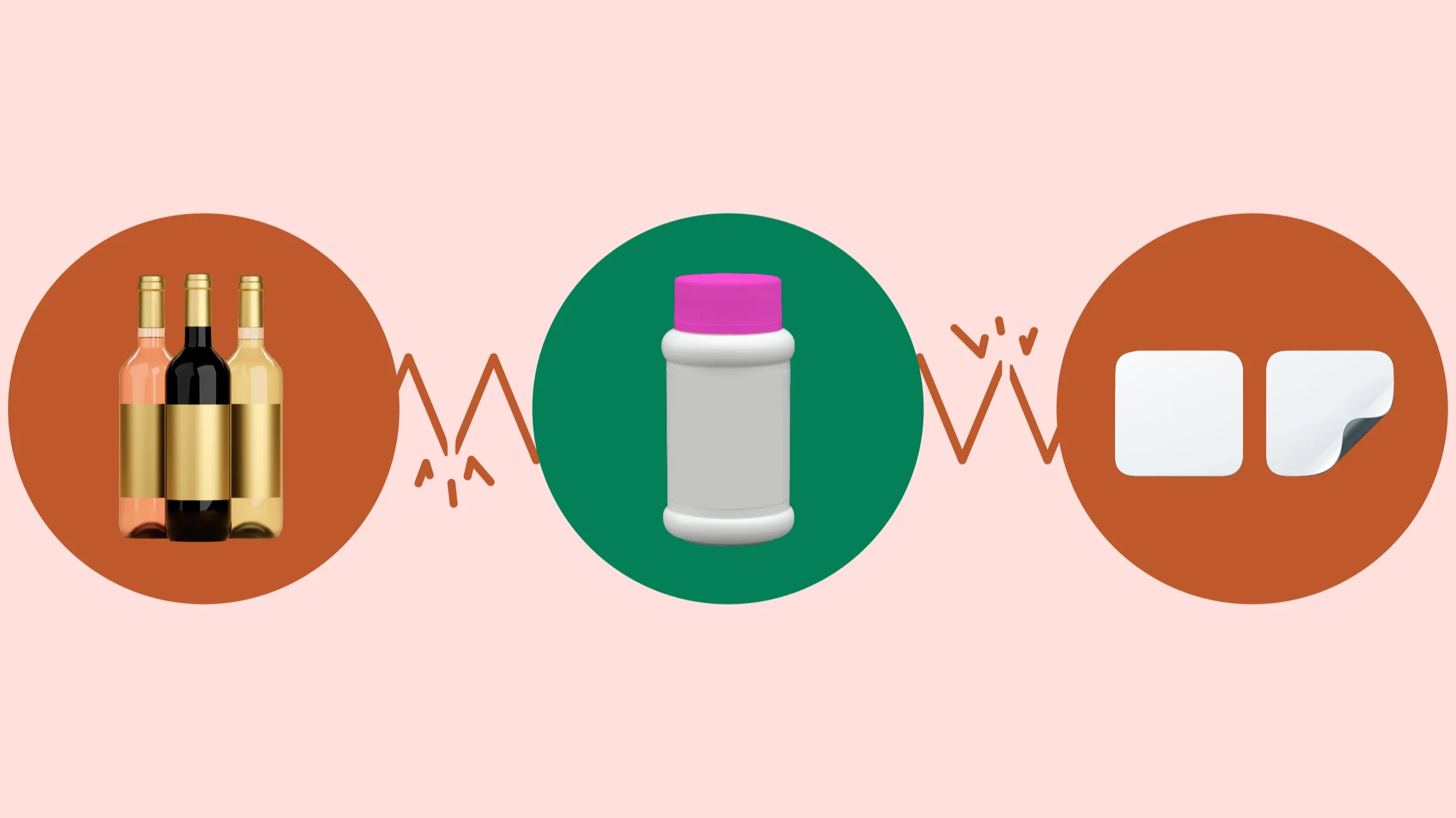 Custom graphic showing types of medications that interact with Contrave. In the center is a green circle with a white and pink pill bottle. Off to the left is a red circle with bottles of wine. And off to the right is a red circle with medication patches. The circles are connected with a broken zigzag line. 