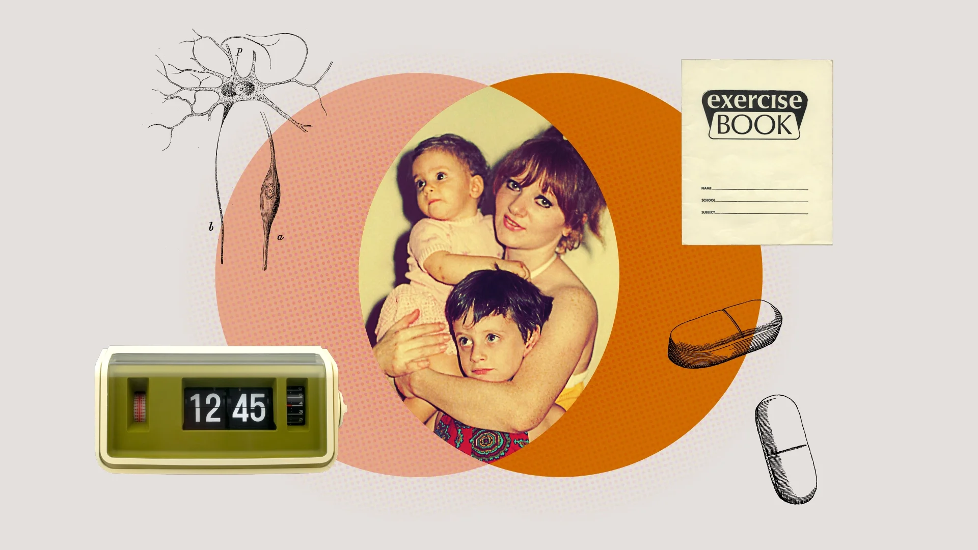 A graphic representing the intersection of health and daily work and living. There is a venn diagram in the middle of a vintage family photo. Surrounding that, there are vintage items: a clock, an exercise book from school, etchings of pills and neurons. 