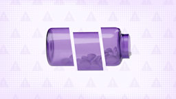 Light purple background with half-tone texture and warning sign pattern. In the center is a purple pill bottle on its side spilling over cut into thirds.
GoodRx Health