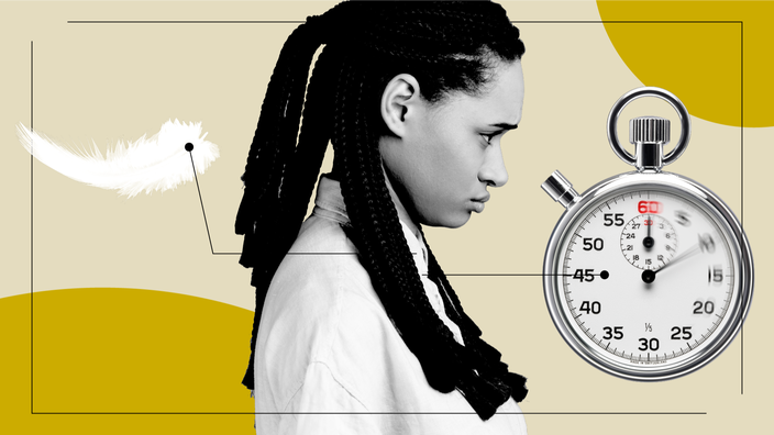 A young woman with anxiety in the middle with diagram lines pointing to items representing her feelings on medication, such as a feather and a stopwatch.