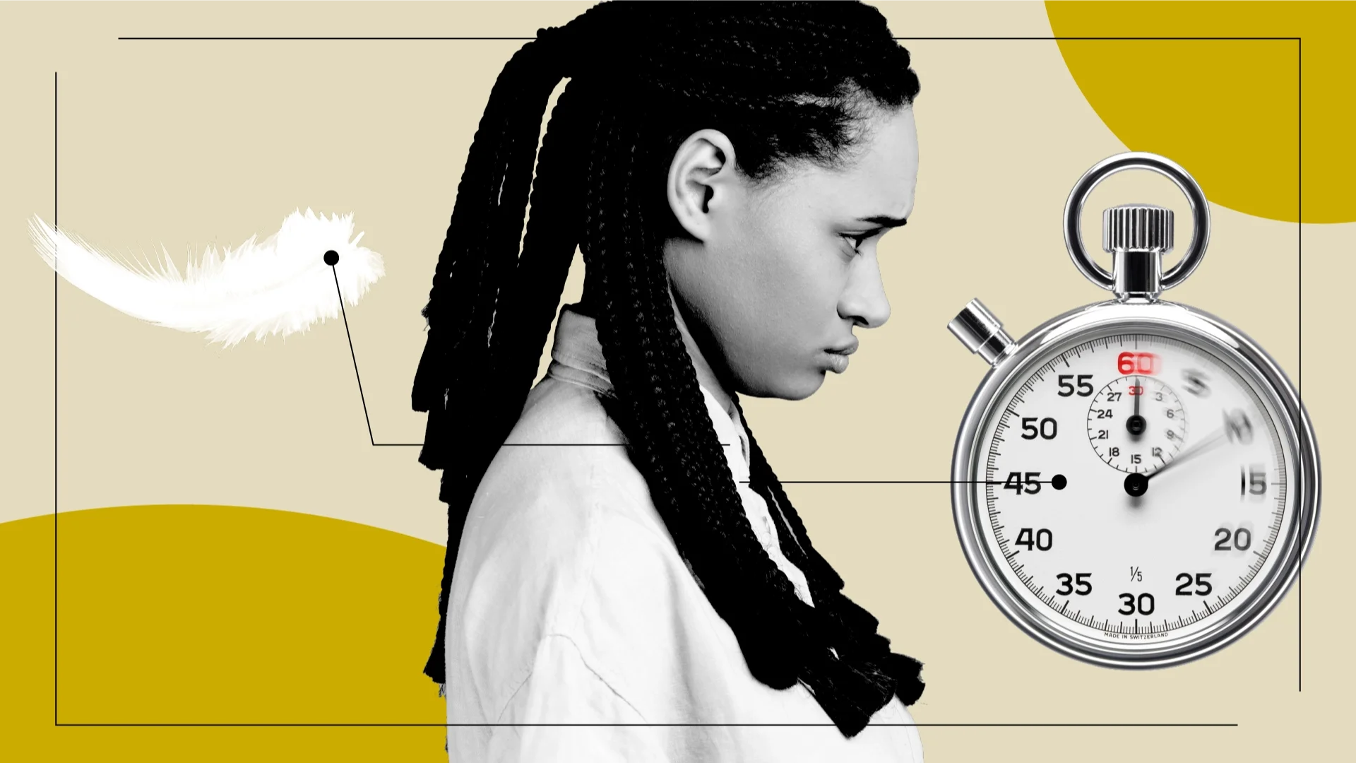 A young woman with anxiety in the middle with diagram lines pointing to items representing her feelings on medication, such as a feather and a stopwatch.
