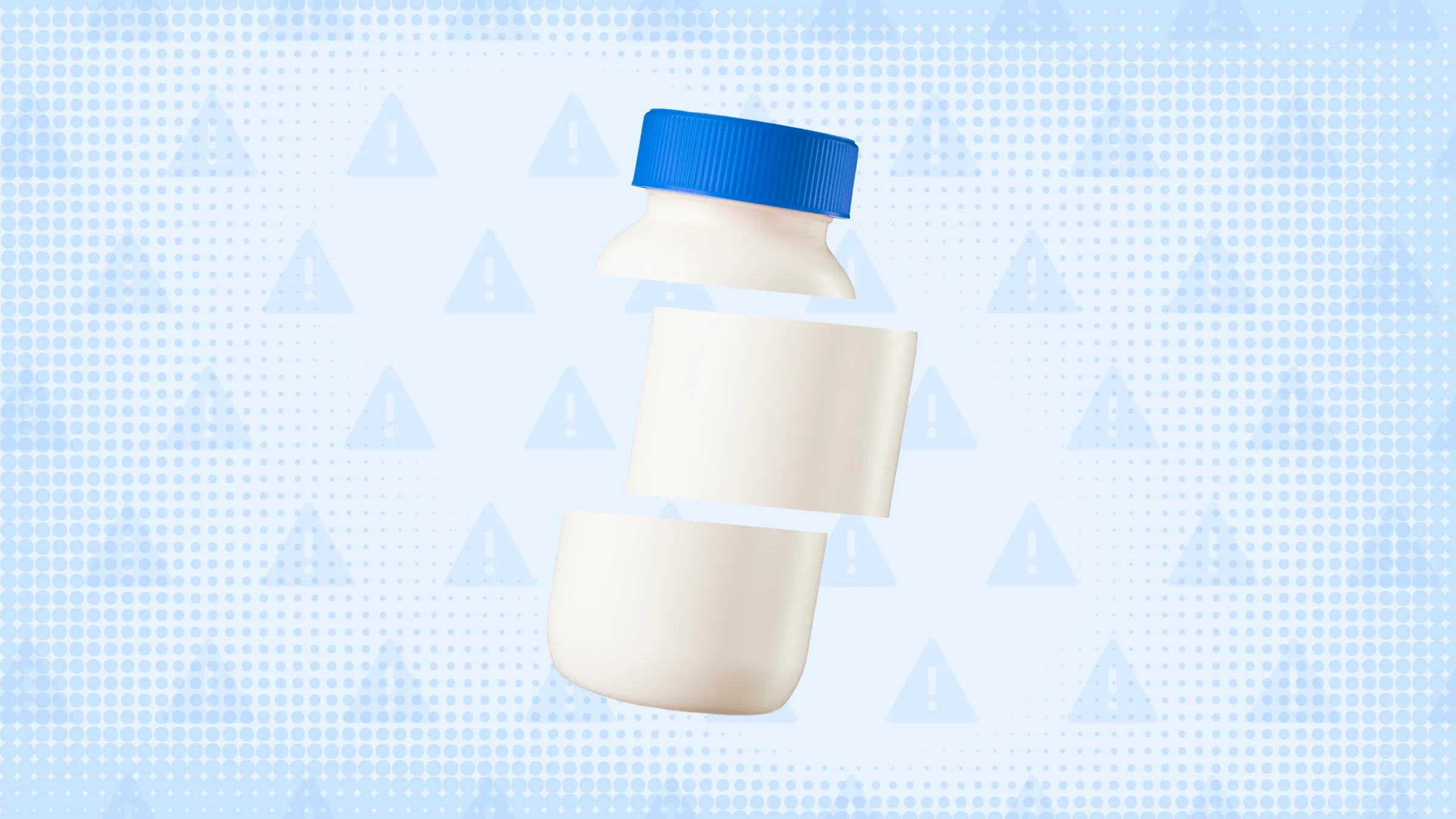 Light blue background with texture and warning sign pattern. In the center is a white pill bottle with a blue cap cut into thirds.