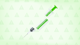 In the center of a light green background with texture and warning sign pattern is a green syringe cut into thirds.
GoodRx Health