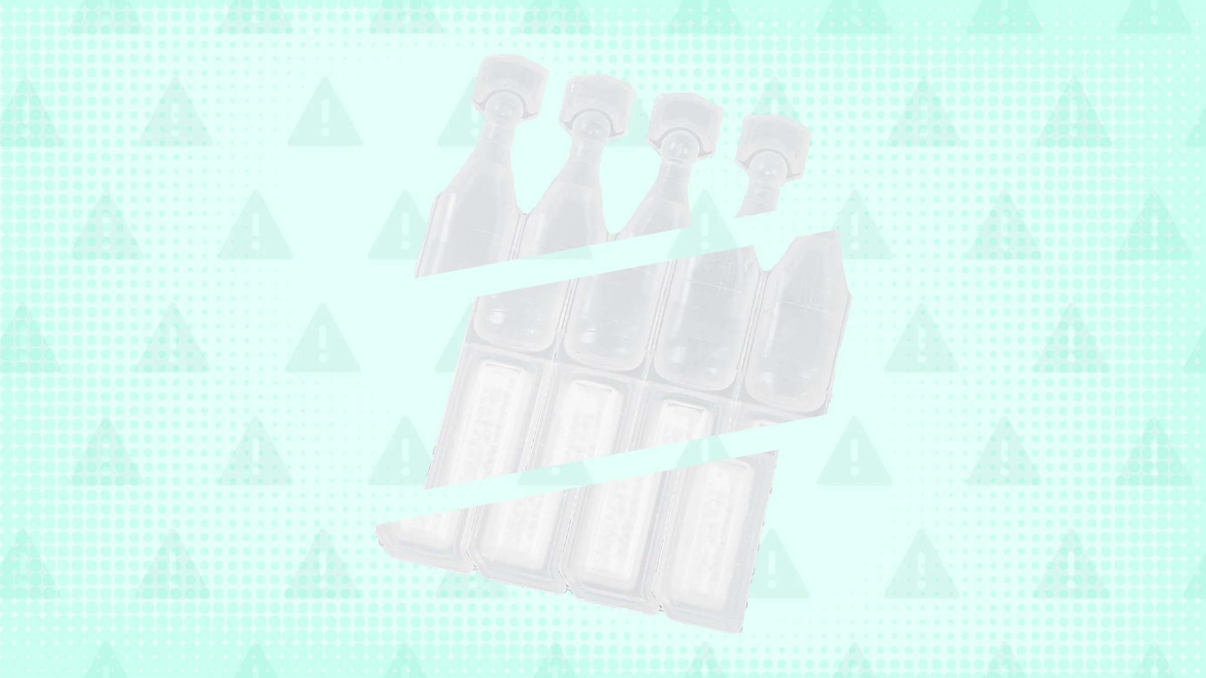  In the center of a light teal background with texture and warning sign pattern are clear disposable eye drops cut into thirds. 