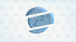 Light blue background with overlayed warning sign pattern in darker blue. In the center is a  blue melatonin pill that is cut up into three sections.
GoodRx Health