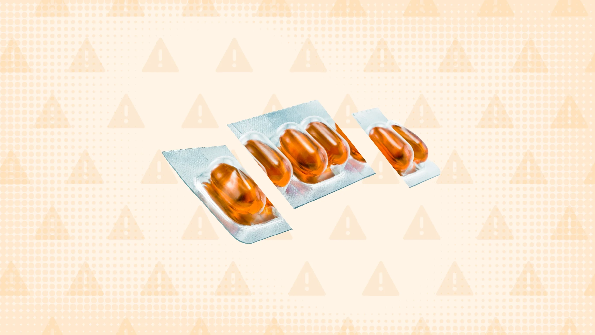 In the center of a light orange background with texture and warning sign pattern is a blister pack of orange DayQuil pills cut into thirds. 