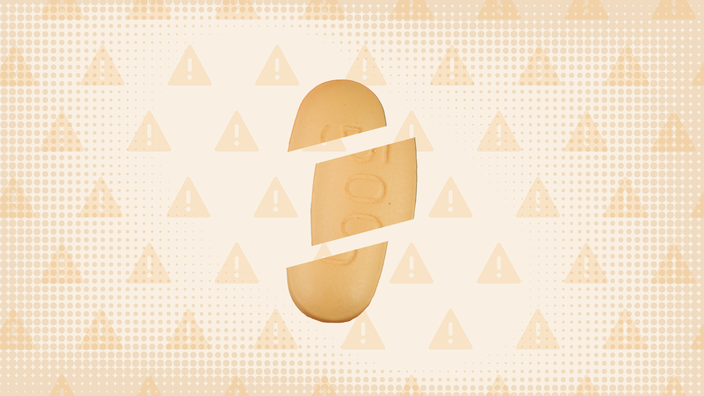 Light-orange background with texture and warning sign pattern. In the center is an oblong orange pill cut into thirds.  