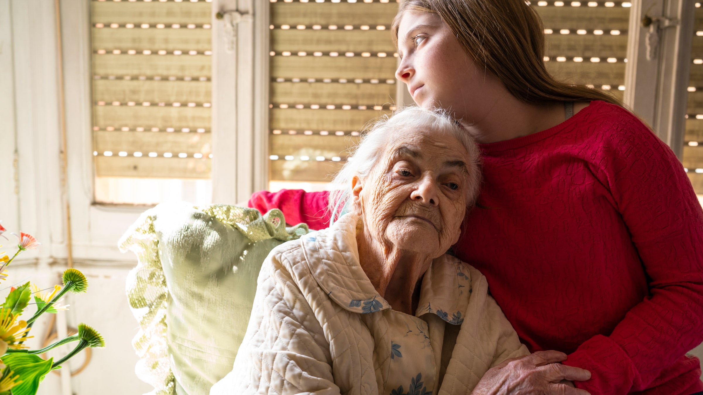 Depression: Genes: grandparent grandchild comforting each other 1173607467