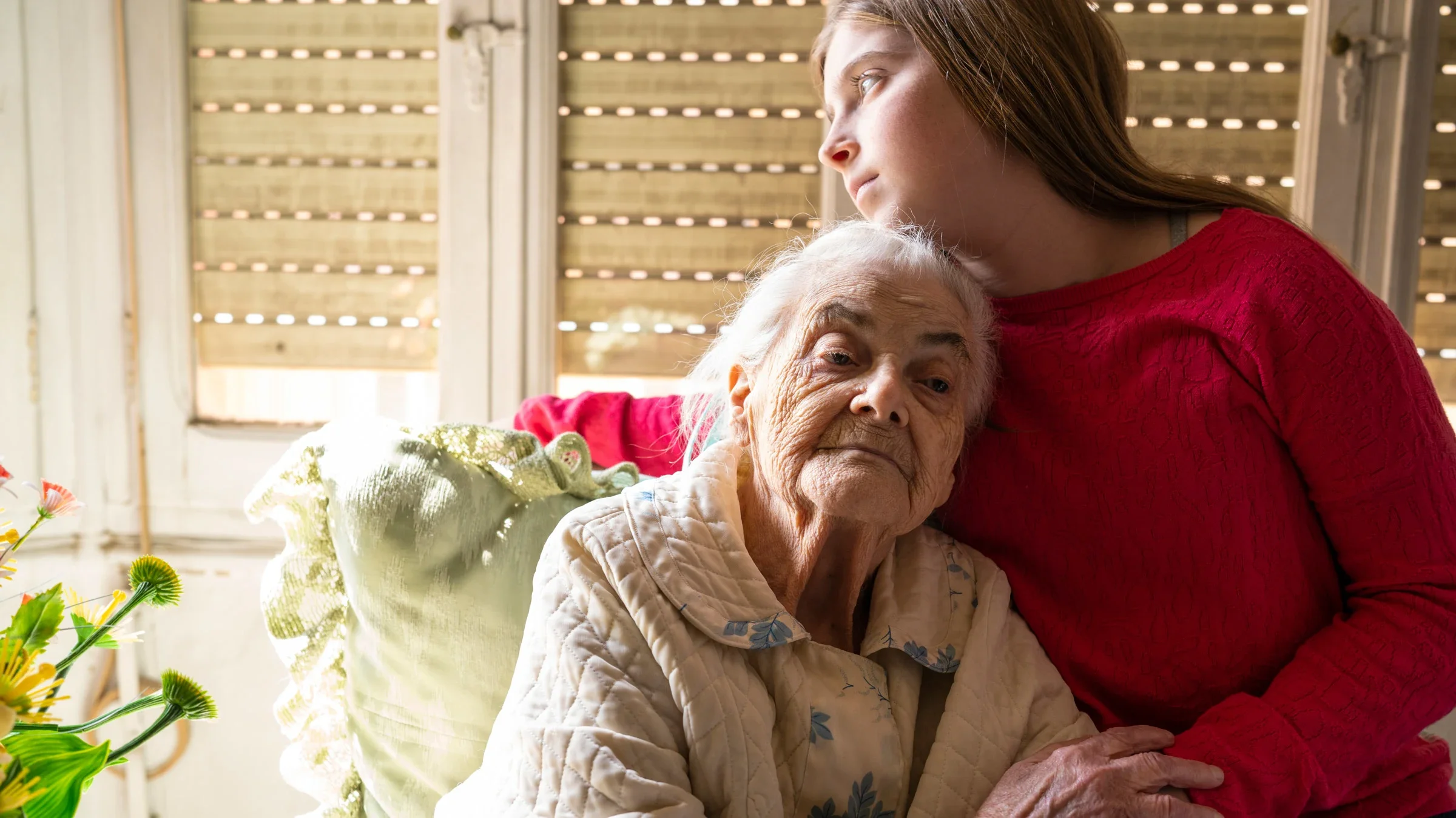 Depression: Genes: grandparent grandchild comforting each other 1173607467