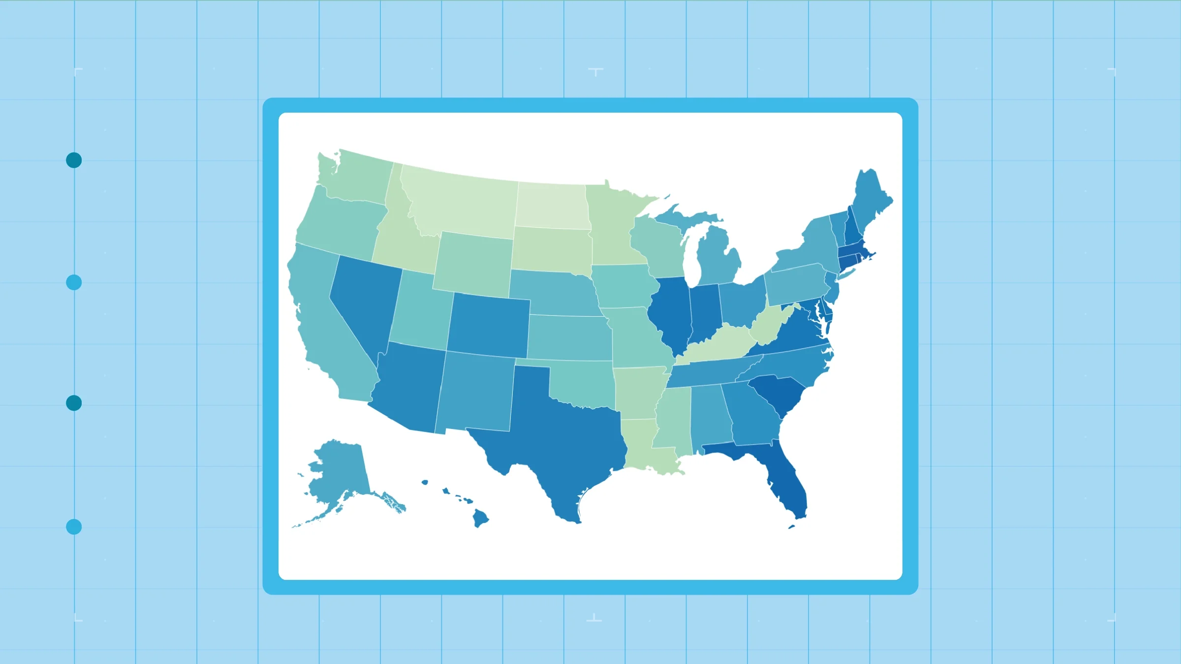 Light blue background with graph paper texture. In the center is an infographic of the U.S. showcasing the fills of ED drugs by state.