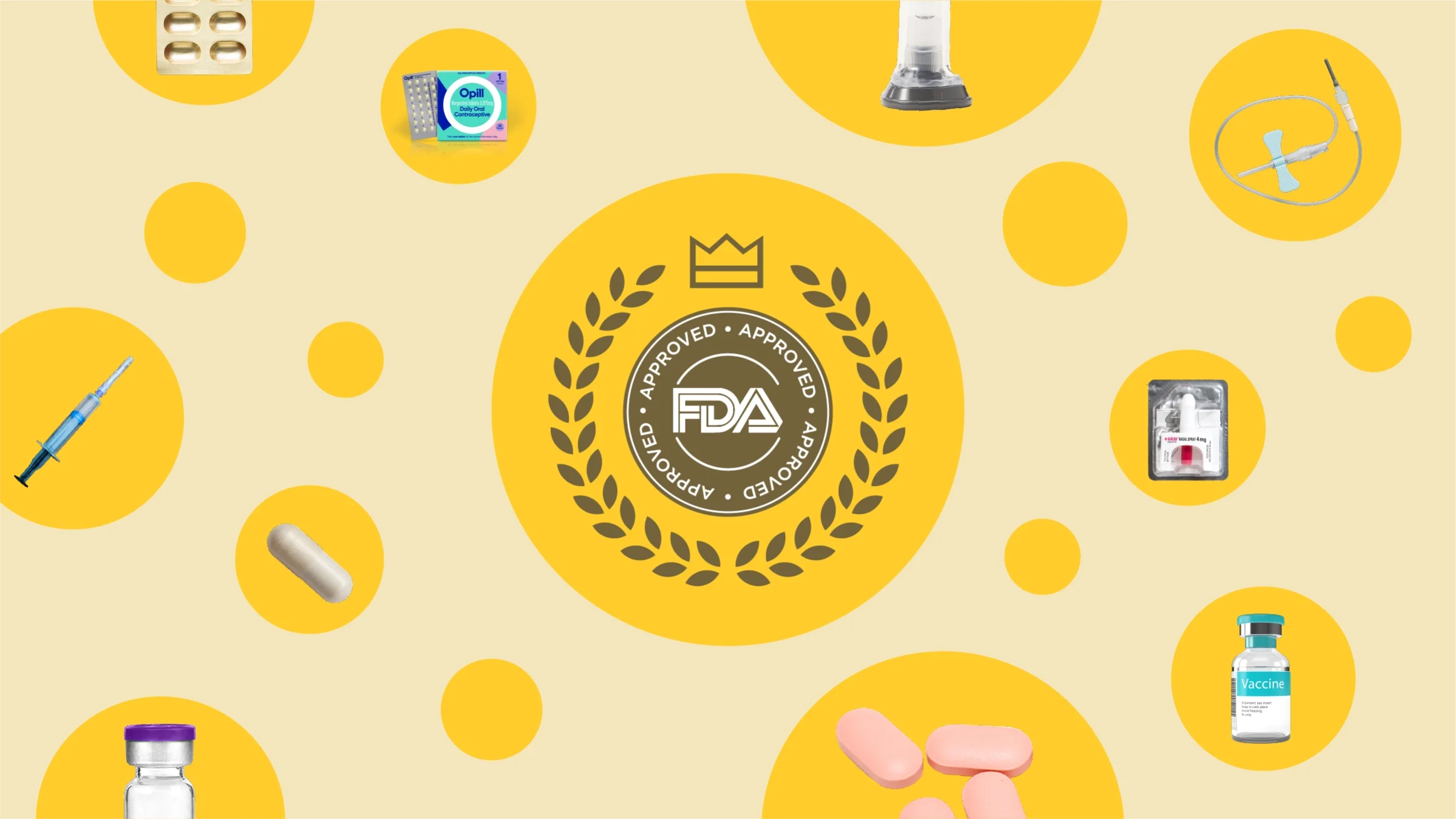 Light yellow background with varying sizes of bright yellow circles creating a collage orbit. In the center is a golden FDA approval badge. Surrounding it, there are different types of medications approved in 2023 on the yellow circles. 
