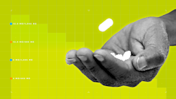 Bright lime green background with graph paper texture and representational step graph. In the center is a hand holding a pile of pills with one floating above it. 
GoodRx Health