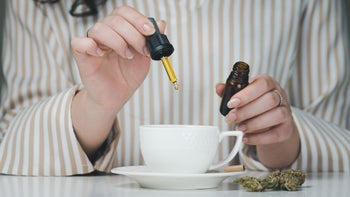 Alternative treatments: cropped dropping cbd oil in mug 1298691107