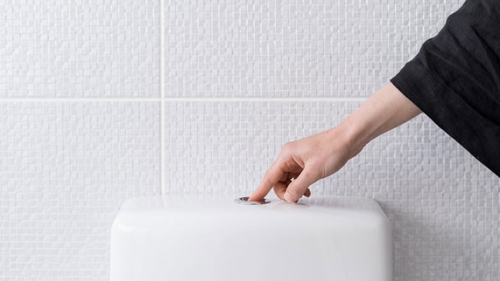 A hand flushing a toilet.