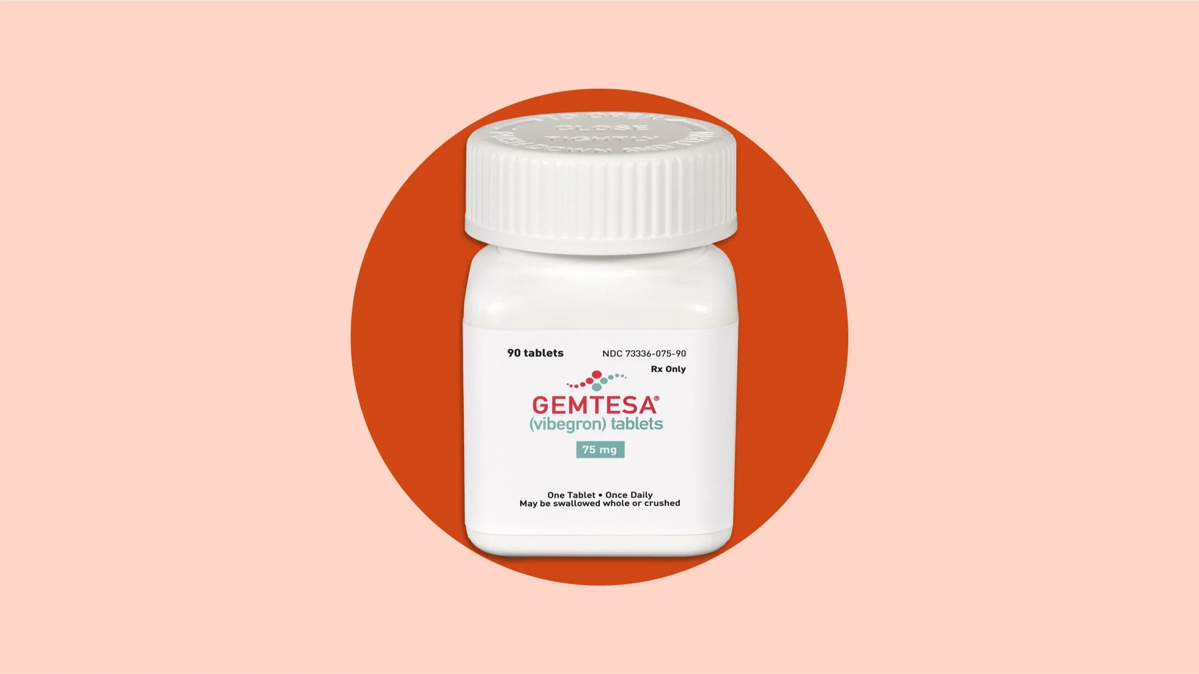 Bottle of Gemtesa medication on red background.