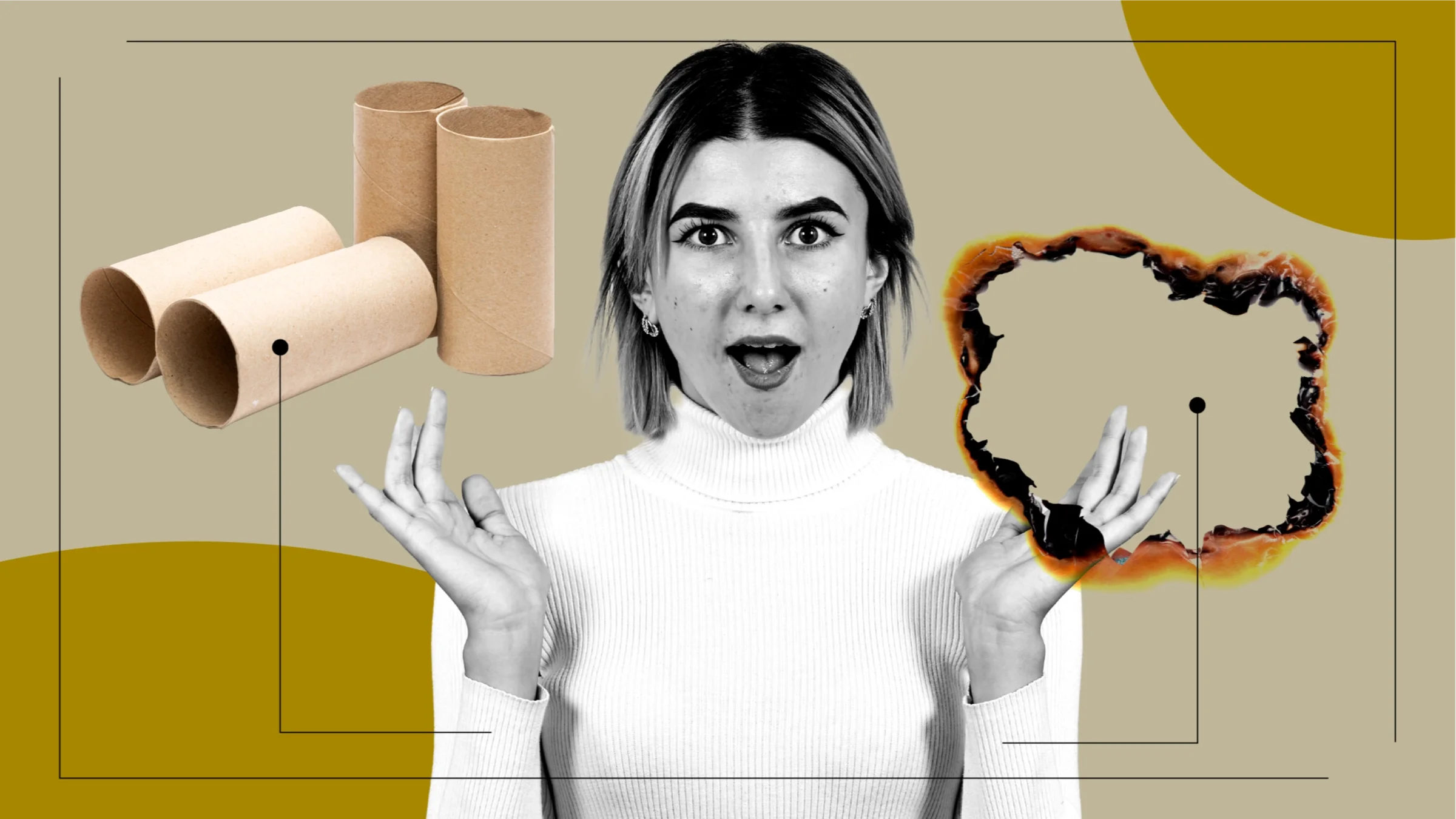 Custom graphic showing what it feels like to have a UTI. In the center is a black-and-white photo of a woman with a surprised expression. Off of her are diagram lines pointing to items representing the feelings. On the left are empty toilet paper rolls. On the right is a burned edge of paper. 