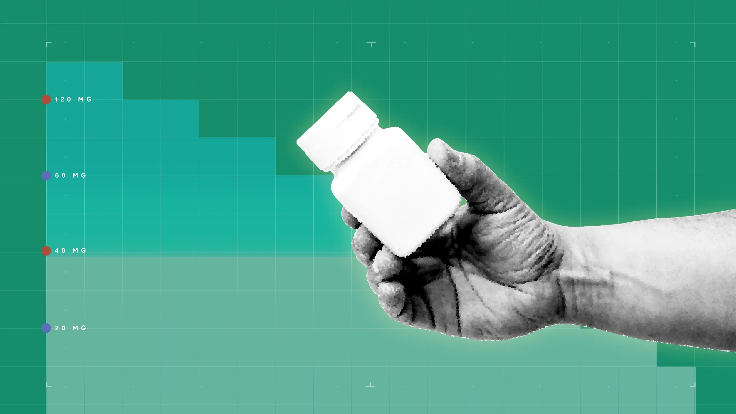 In the center of a green background with graph paper texture and representational step graph is a black and white cutout of a hand holding a square pill bottle. 
GoodRx Health