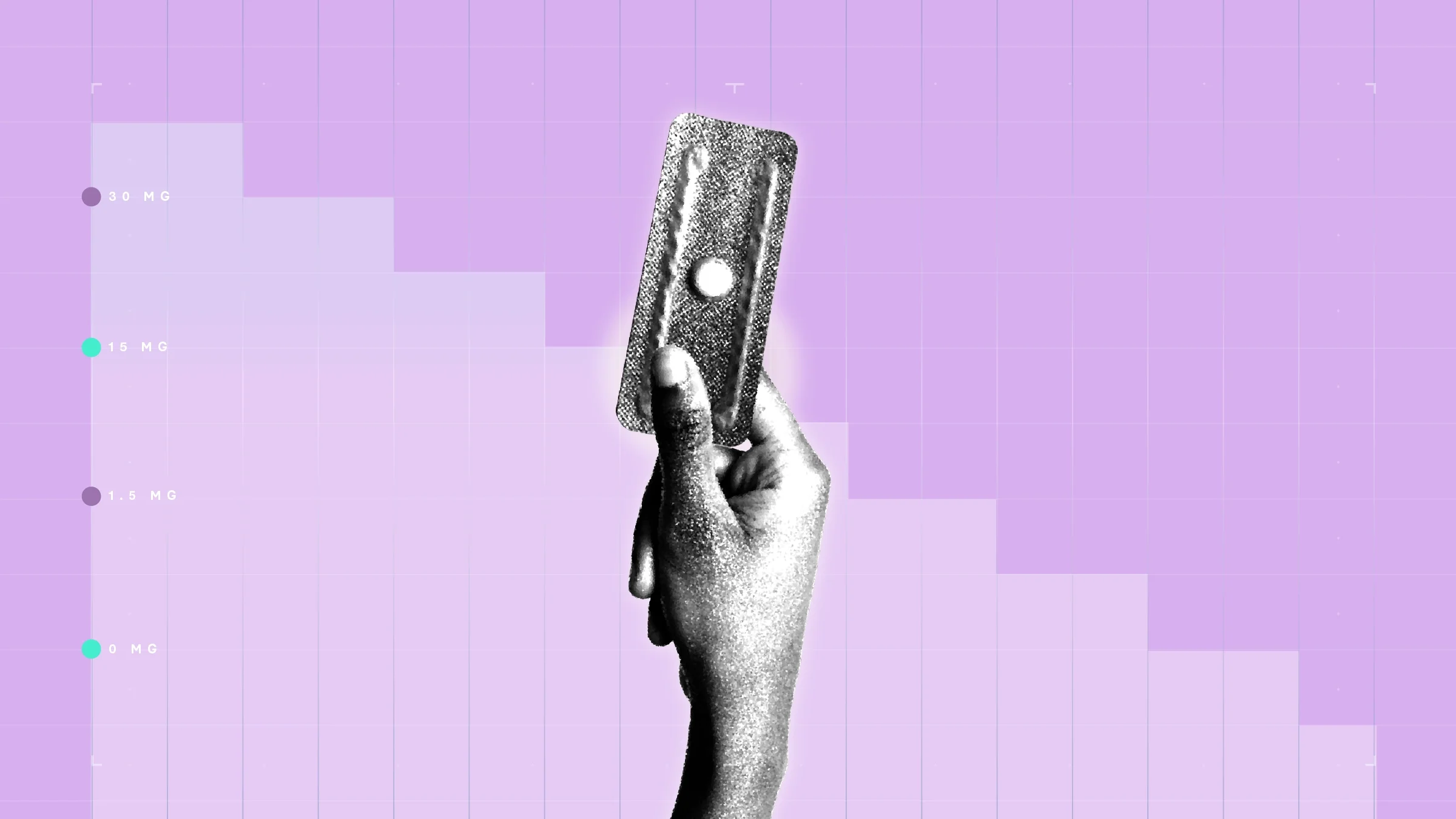 Light-purple background with graph paper texture and representative step graph. In the center is a hand holding a single pill in a blister package. 