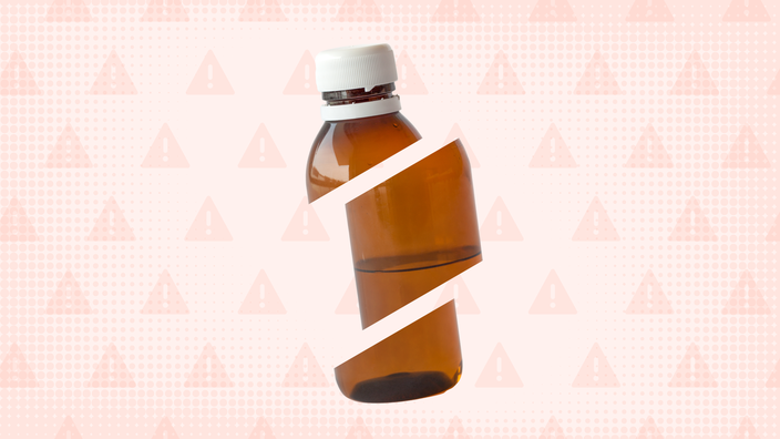 A graphic includes an orange background with a warning-sign pattern and a brown liquid medicine bottle cut into thirds.
