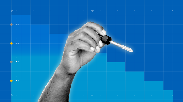In the center of a bright blue background with graph paper texture and representational step graph is a hand holding an eyedropper. 