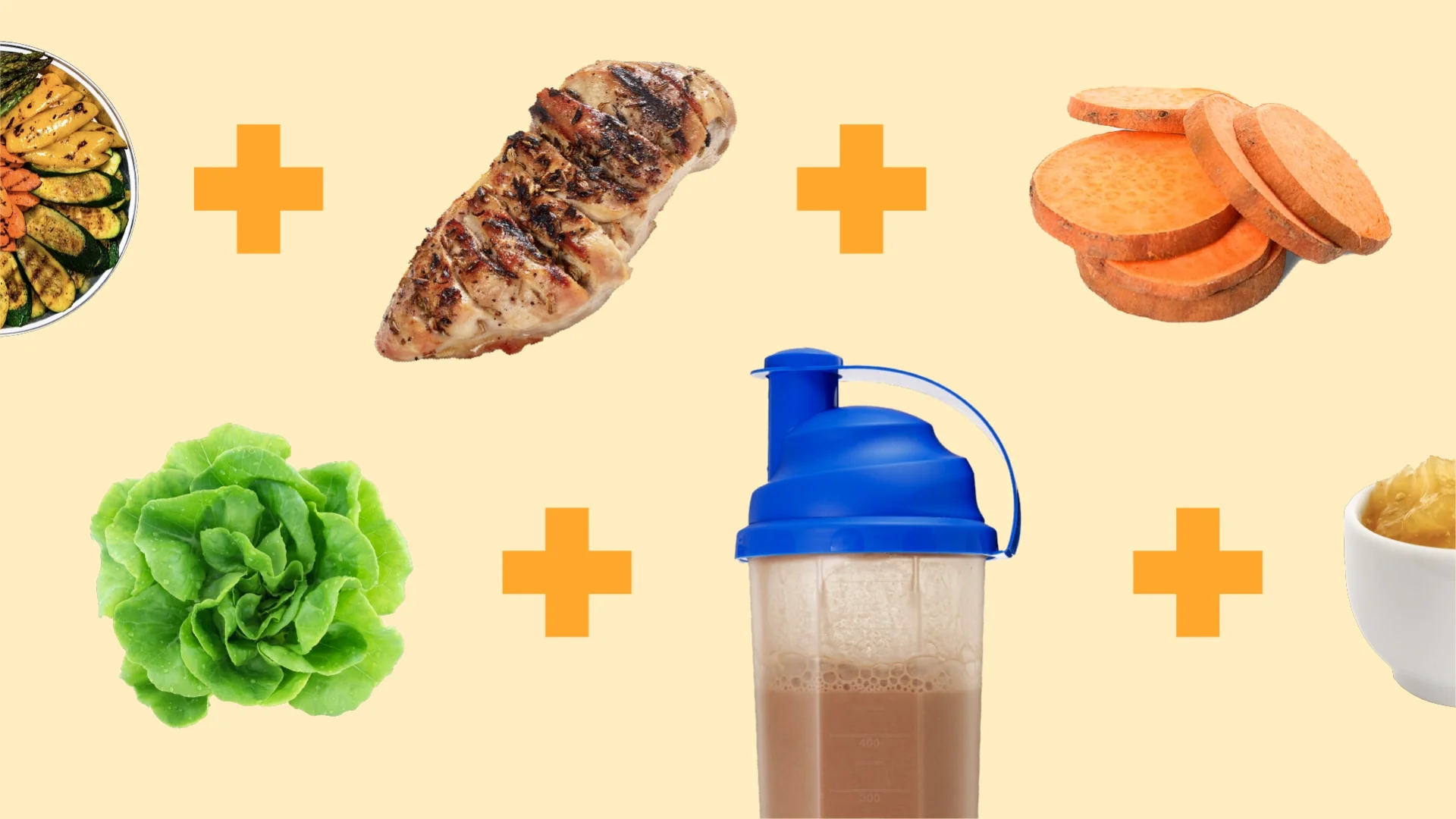 Light yellow background with 2 rows of different foods separated by yellow plus signs. Top row, left to right: Grilled veggie platter, grilled chicken breast, and sweet potato slices. Bottom row, left to right: Green lettuce head, protein shake in a blue shake container, and white bowl filled with applesauce.