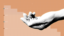 Light peach-colored background with graph paper texture and a representative step graph. In the center is a high-contrast, black-and-white cutout image of a hand holding a pile of round pills.
GoodRx Health