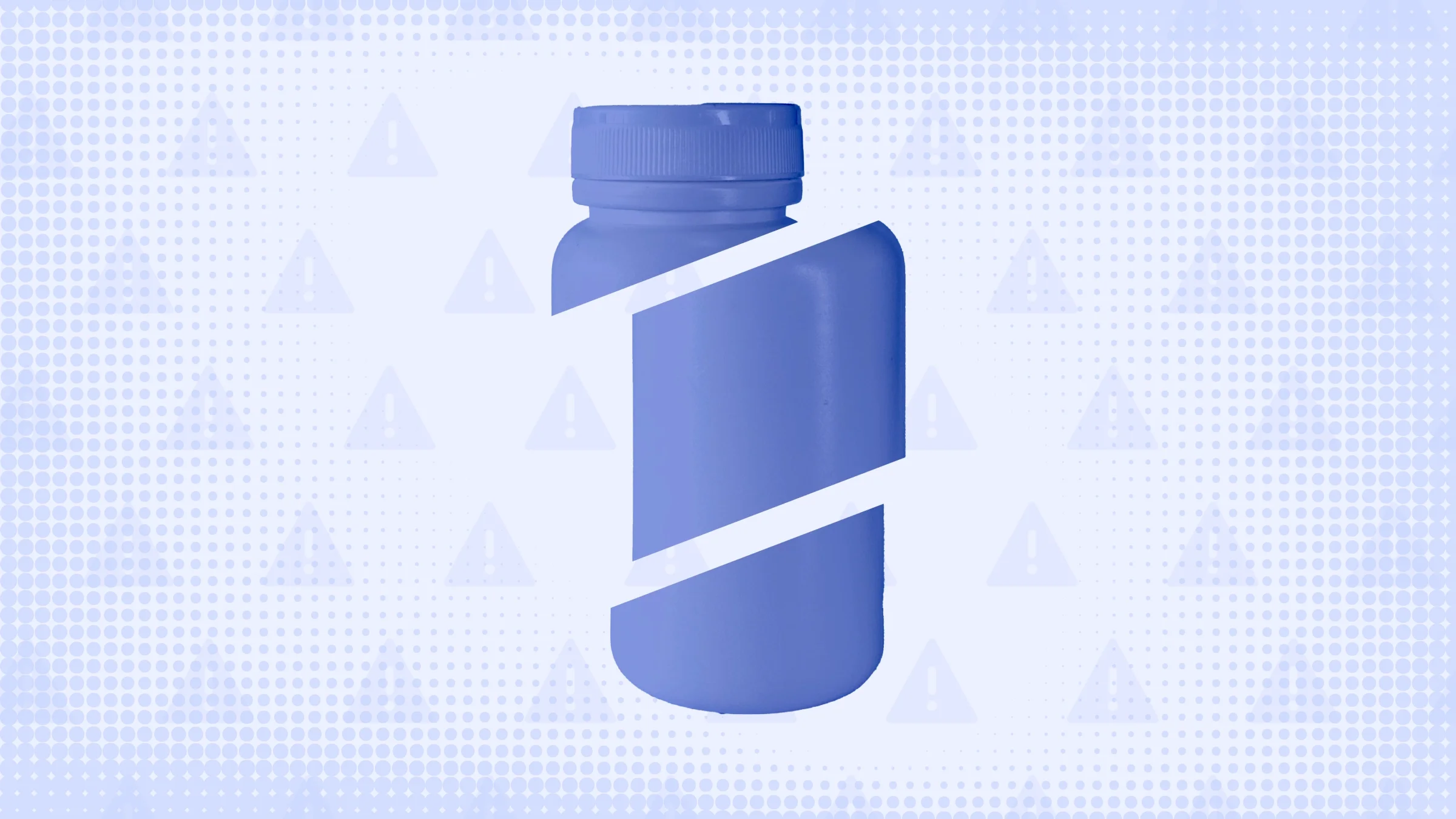 Light purple background with texture and warning sign pattern. In the center is a periwinkle-colored pill bottle cut into thirds.