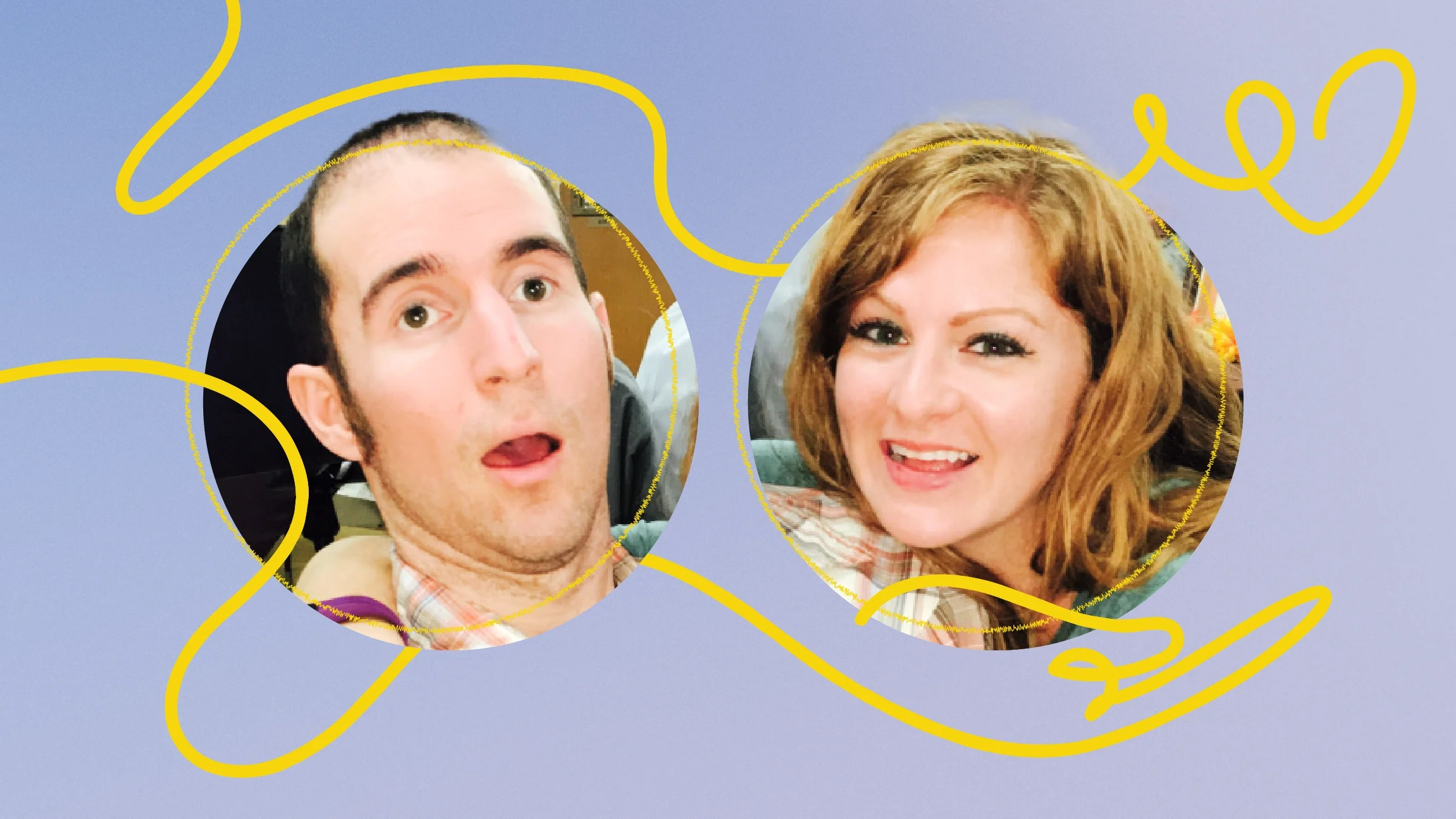 A graphic with a purple background and a yellow squiggle design includes portraits of Kris Armstrong and Brandon Smith. 