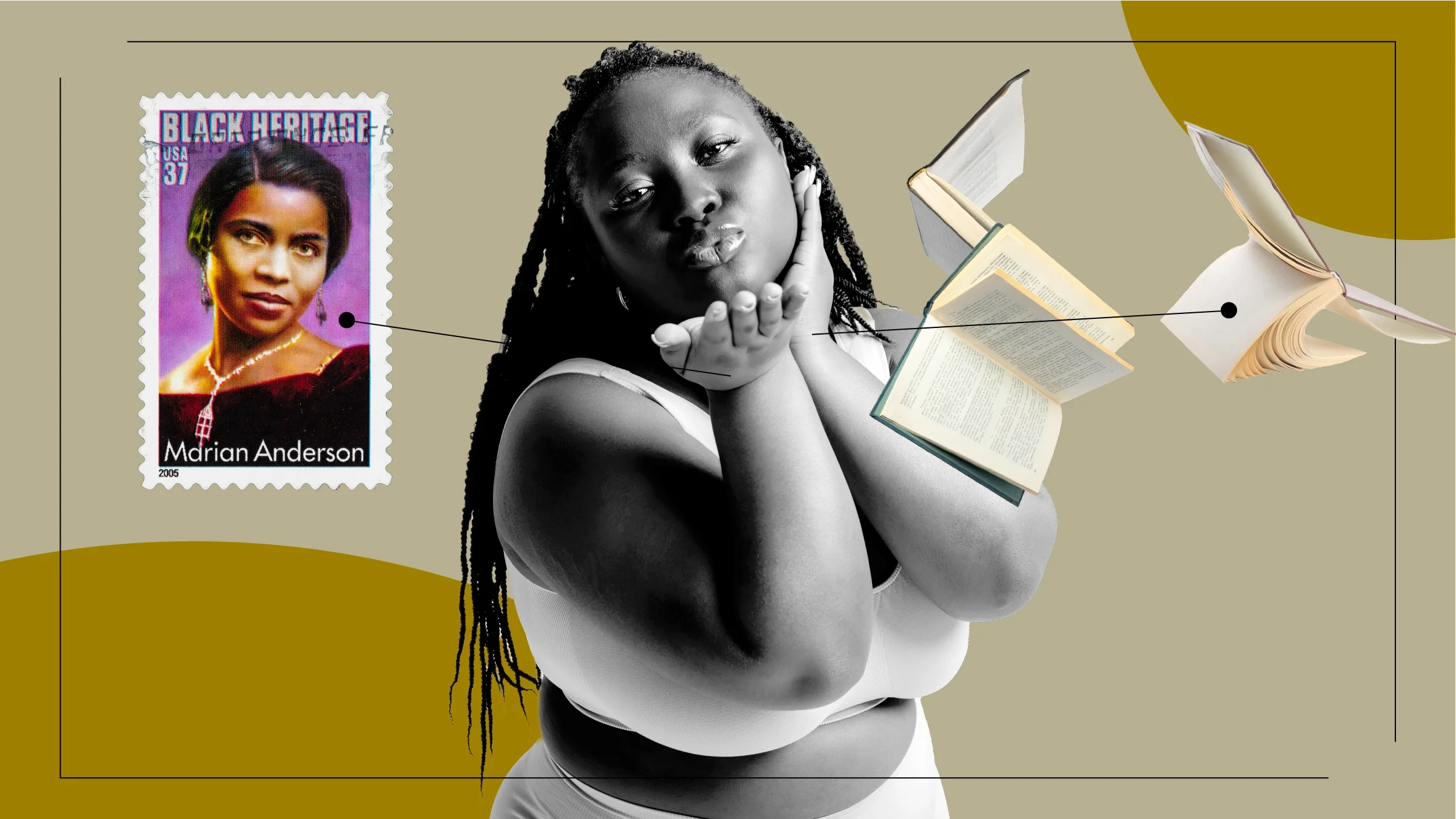 A graphic about Black women and diet culture shows a woman surrounded by books and a stamp with Marian Anderson on it.  