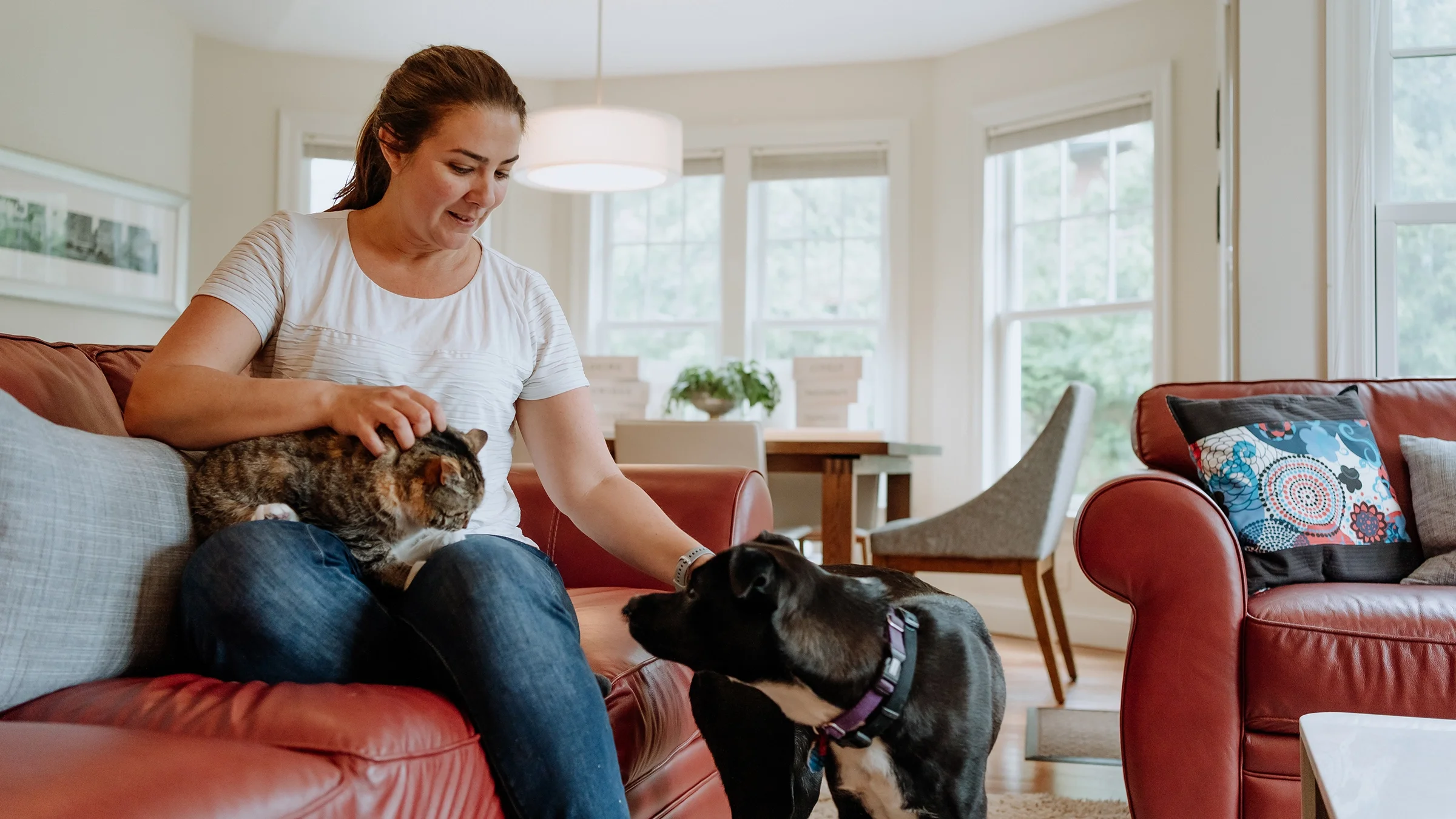 A woman at home pets her cat and dog.
