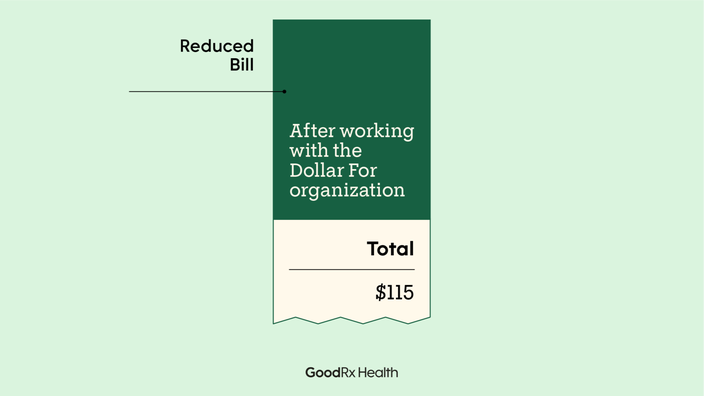 Custom graphic that looks like a long receipt. It reads: “ Reduced Bill after working with the Dollar For organization, Total $115”