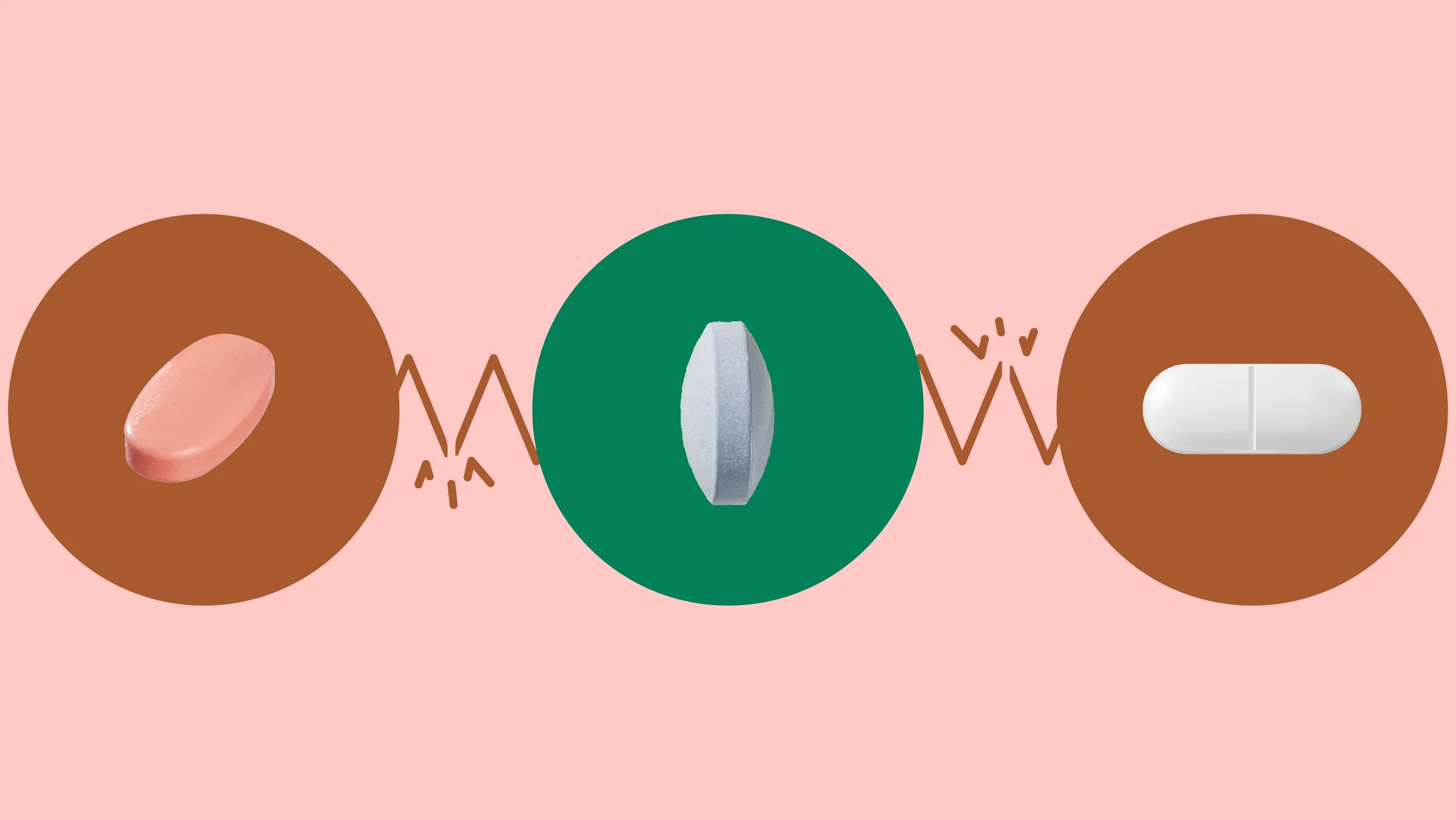 A light pink background with three circles across the frame. In the center, on a green circle, is a single round pill on its side. On the left, on a red circle, is a pink-peach colored oblong pill. On the right, on a red circle, is an oblong white pill.