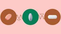 A light pink background with three circles across the frame. In the center, on a green circle, is a single round pill on its side. On the left, on a red circle, is a pink-peach colored oblong pill. On the right, on a red circle, is an oblong white pill.
GoodRx Health